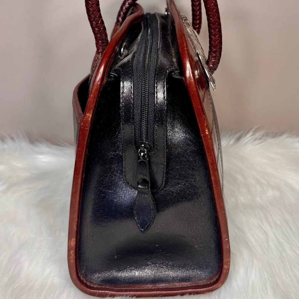 BRIGHTON Black & Brown Leather Satchel w/Silver Filigree - Picture 4 of 8